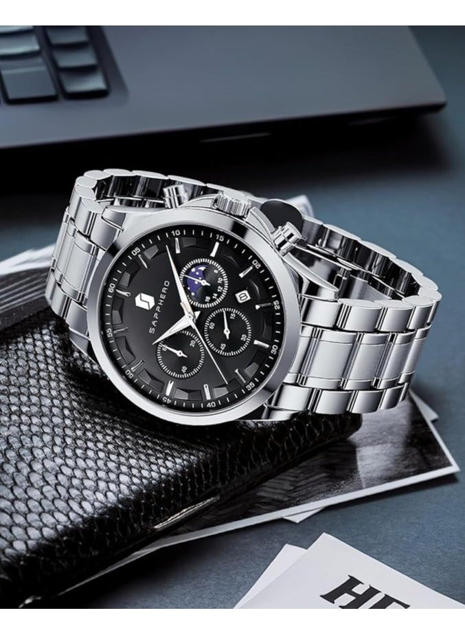 Sapphero Mens Watches Multifunction Chronograph Date Quartz Watch for Men Stainless Steel Band Wrist Watch Gift for Men Casual Business - Image 5